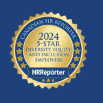 Badge from HRReporter in gold with the words, "2024 5-star Diversity, Equity, and Inclusion Employers"