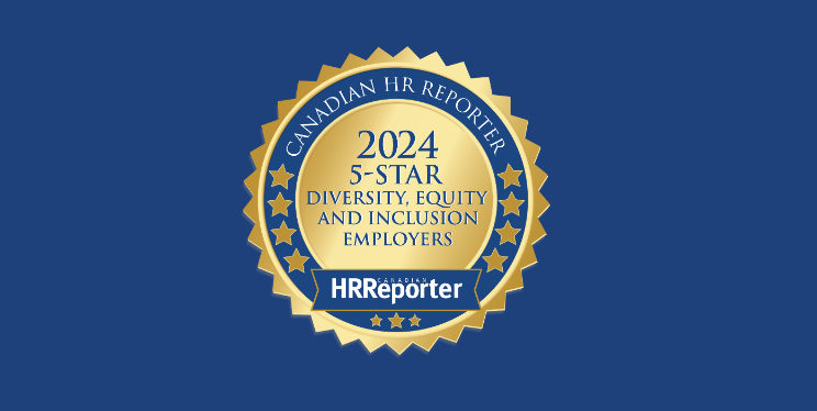 Badge from HRReporter in gold with the words, "2024 5-star Diversity, Equity, and Inclusion Employers"