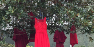 Red dresses hanging on a tree