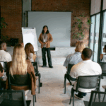 Group of diverse people sitting in chairs with a person at the front training the group