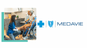 A nurse helping a woman sitting in a wheelchair and a Medavie logo