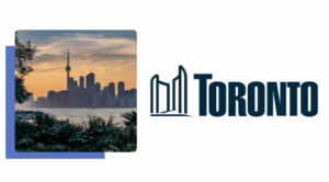 A background of the Toronto skyline with the CN Tower and lake and the City of Toronto logo