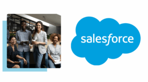 Four people standing in front of a desk in an office and a Salesforce logo