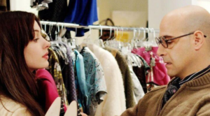 Andy Sachs and Nigel discussing fashion in The Devil Wears Prada, highlighting mentorship, sponsorship, and career development.