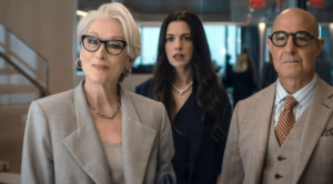 Scene from The Devil Wears Prada 2 featuring Miranda Priestly, Andy Sachs, and Nigel as they navigate leadership and workplace culture challenges.