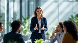 Leadership facilitator leading an inclusive workplace discussion with employees during a team meeting on engagement and organizational culture
