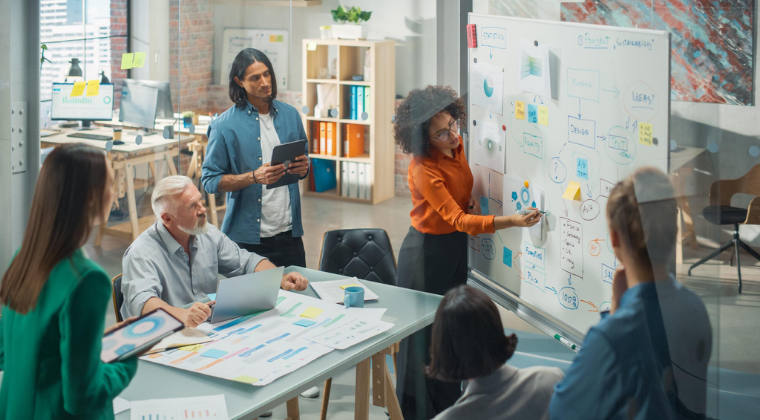 A team participating in a design or strategy workshop