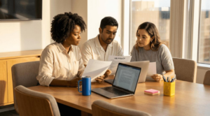 HR team reviewing workplace policies and employee documents together during a meeting